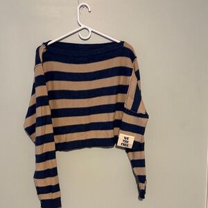We The Free Off-Shoulder Navy and Tan Sweater